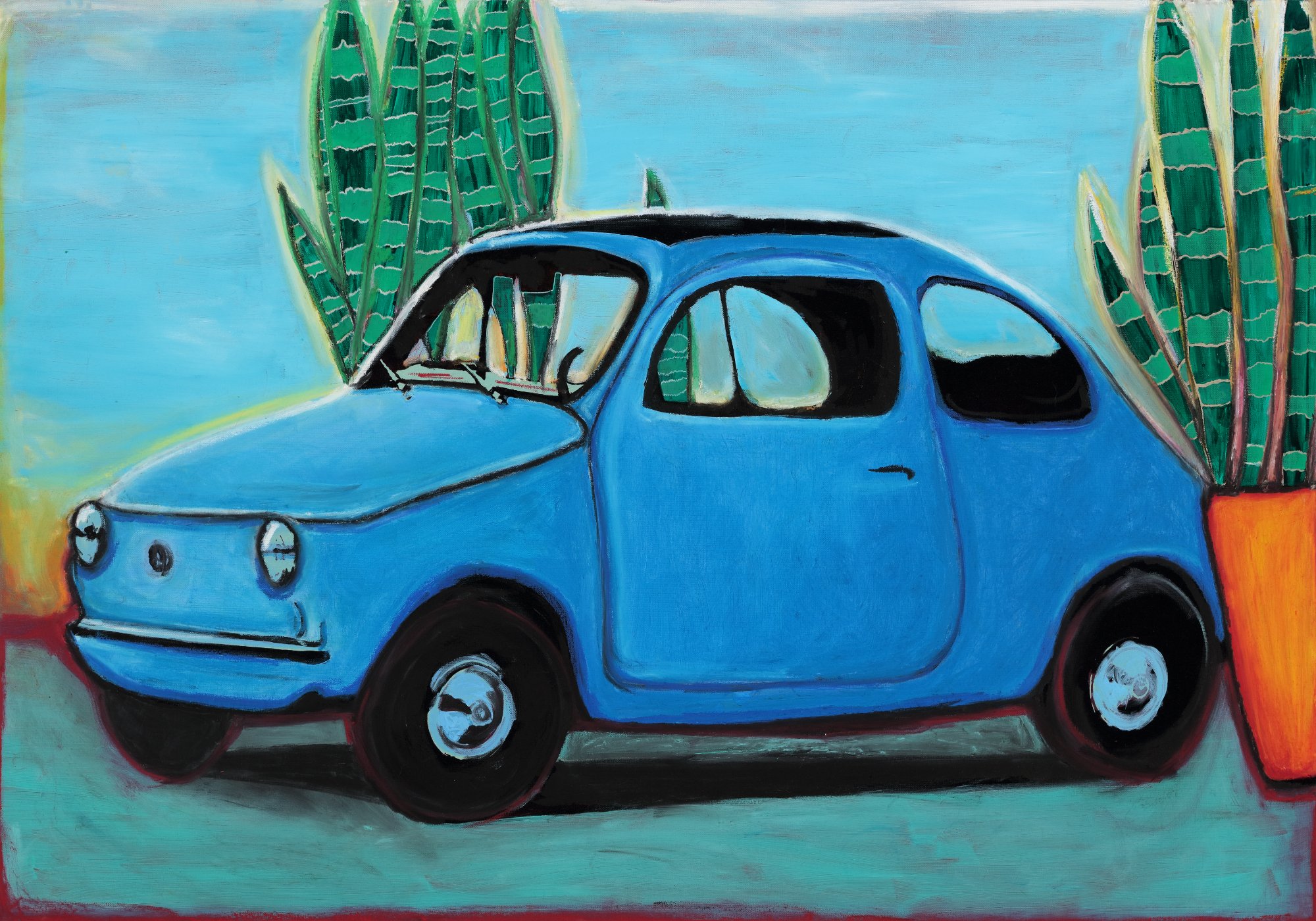Little Blue Car, a cheerful blue vintage Fiat 500 surrounded by tall snake plants in orange pots, painted in Natalia's bold, joyful style